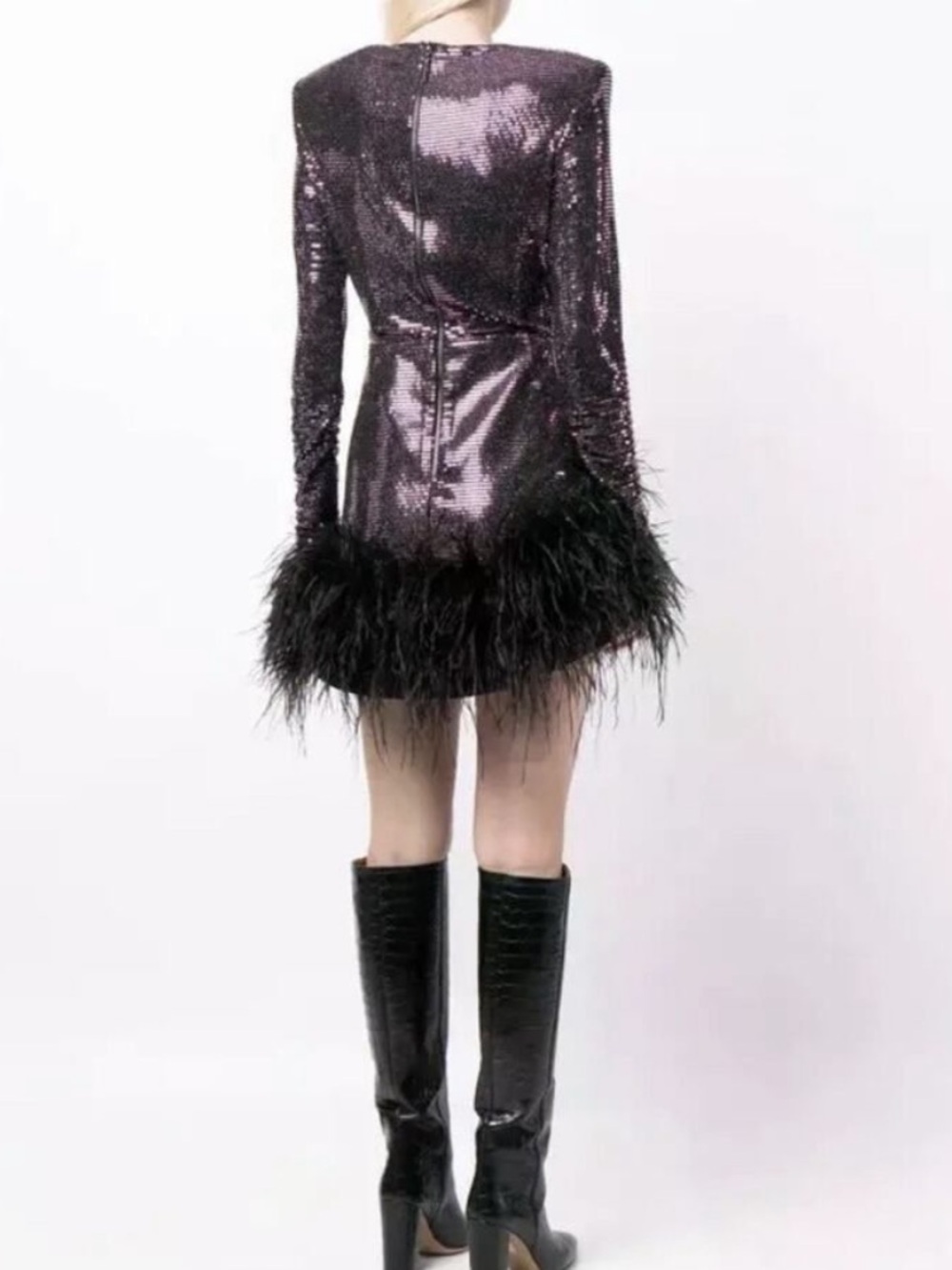 Bronx and Banco Purple Sequin Mini Dress with Black Feather Hem - Picture 4 of 11
